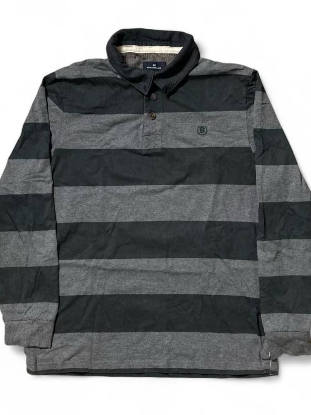 Vintage UK Gray Horizontal Striped Long Sleeve Embroidered Rugby Polo Shirt